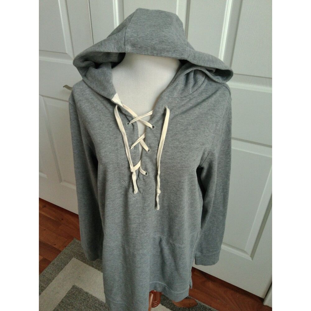 GAP WOMEN'S HEAVYWEIGHT GRAY HOODIE  TIE FRONT,  HAND WARMER POCKET  MEDIUM